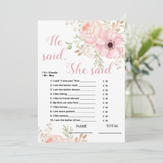 Hij zei dat ze zei dat Floral Bridal Game Kaart (Staand voorkant)