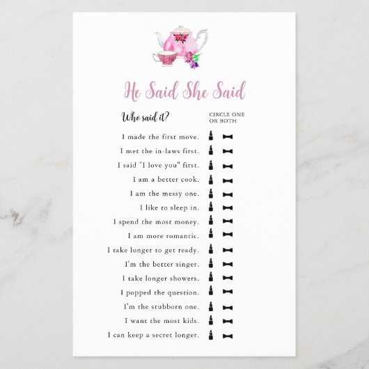 Hij zei dat ze zei dat liefde bruids theefeest bro flyer (Voorkant)