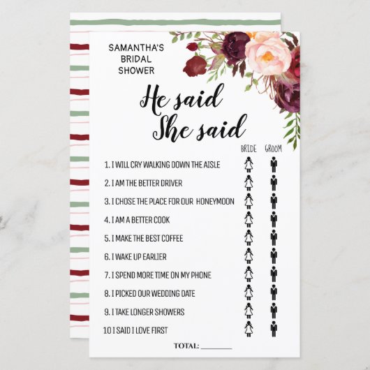 Hij zei dat ze zei dat Marsala Floral Vrijgezellen (Voorkant / Achterkant)