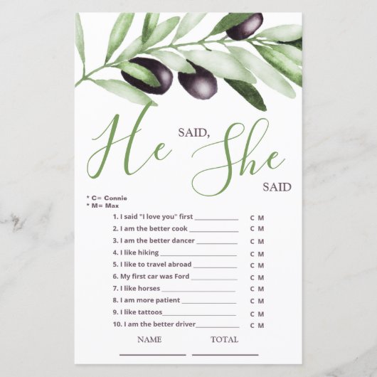Hij zei dat ze zei dat Olijfbijkantoor Bridal Game (Voorkant)