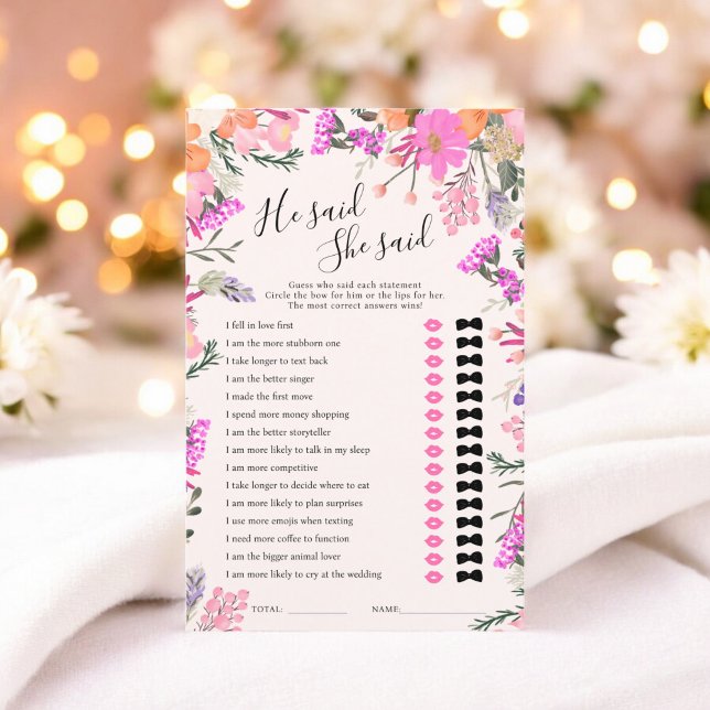 Hij zei dat ze zei dat roze bloemenspel vrijgezell (He said she said pink floral bridal shower game)