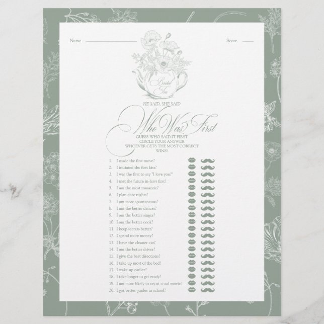 Hij zei dat ze zei dat Sage Green Bridal Tea Showe (Voorkant)