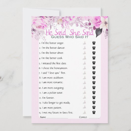 Hij zei dat ze zei dat Vrijgezellenfeest Game Kaart (Voorkant)