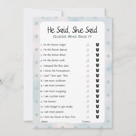 Hij zei dat ze zei dat Vrijgezellenfeest Game Kaart (Voorkant)