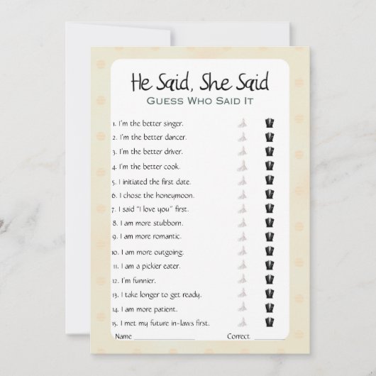 Hij zei dat ze zei dat Vrijgezellenfeest Game Kaart (Voorkant)