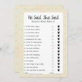 Hij zei dat ze zei dat Vrijgezellenfeest Game Kaart (Voorkant / Achterkant)