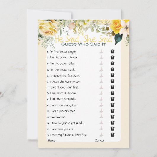 Hij zei dat ze zei dat Vrijgezellenfeest Game Kaart (Voorkant)