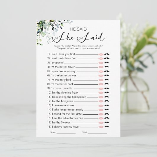 Hij zei dat ze zei dat Vrijgezellenfeest Game Kaart (Staand voorkant)