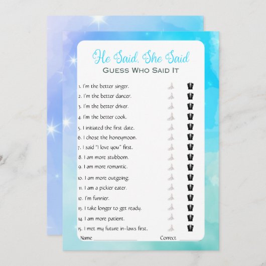 Hij zei dat ze zei dat Vrijgezellenfeest Game Kaart (Voorkant / Achterkant)