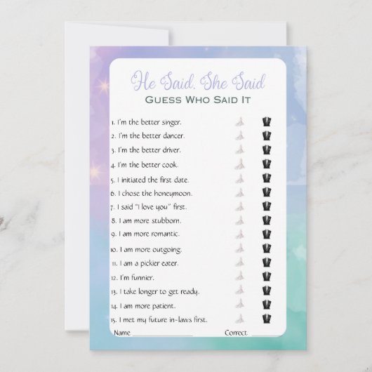 Hij zei dat ze zei dat Vrijgezellenfeest Game Kaart (Voorkant)