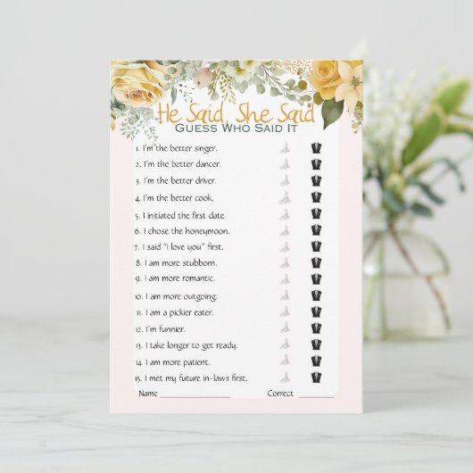 Hij zei dat ze zei dat Vrijgezellenfeest Game Kaart (Staand voorkant)