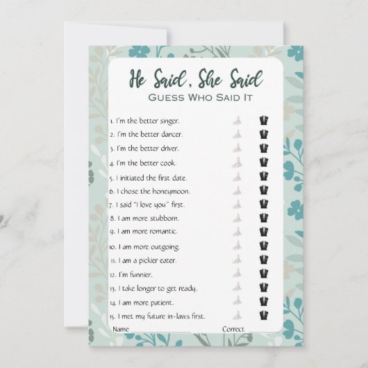 Hij zei dat ze zei dat Vrijgezellenfeest Game Kaart (Voorkant)