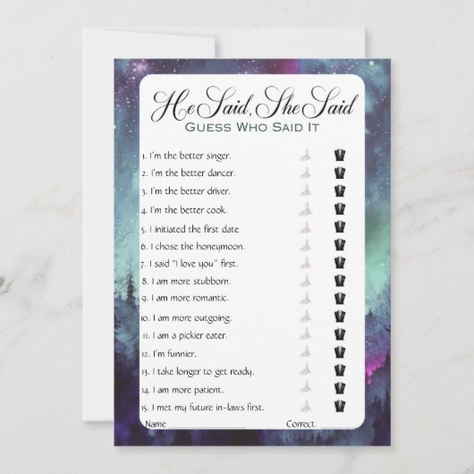 Hij zei dat ze zei dat Vrijgezellenfeest Game Kaart (Voorkant)