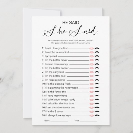 Hij zei dat ze zei dat Vrijgezellenfeest Game Kaart (Voorkant)