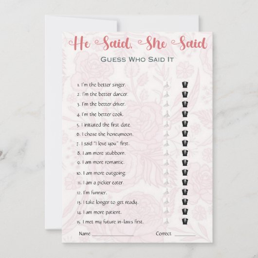 Hij zei dat ze zei dat Vrijgezellenfeest Game Kaart (Voorkant)