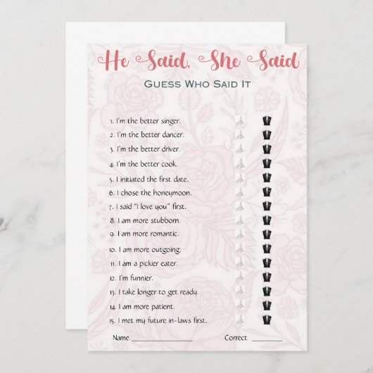 Hij zei dat ze zei dat Vrijgezellenfeest Game Kaart (Voorkant / Achterkant)