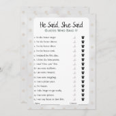 Hij zei dat ze zei dat Vrijgezellenfeest Game Kaart (Voorkant / Achterkant)