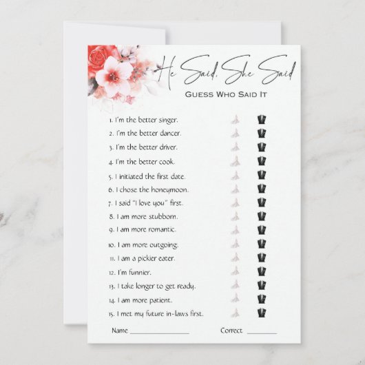 Hij zei dat ze zei dat Vrijgezellenfeest Game Kaart (Voorkant)