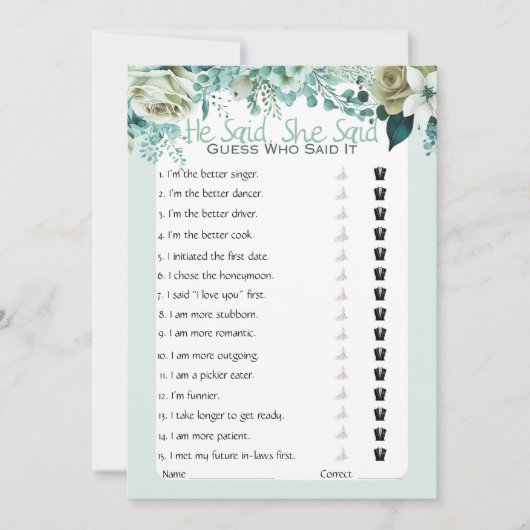 Hij zei dat ze zei dat Vrijgezellenfeest Game Kaart (Voorkant)