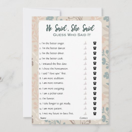 Hij zei dat ze zei dat Vrijgezellenfeest Game Kaart (Voorkant)