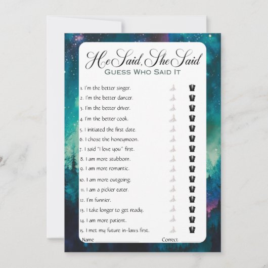 Hij zei dat ze zei dat Vrijgezellenfeest Game Kaart (Voorkant)