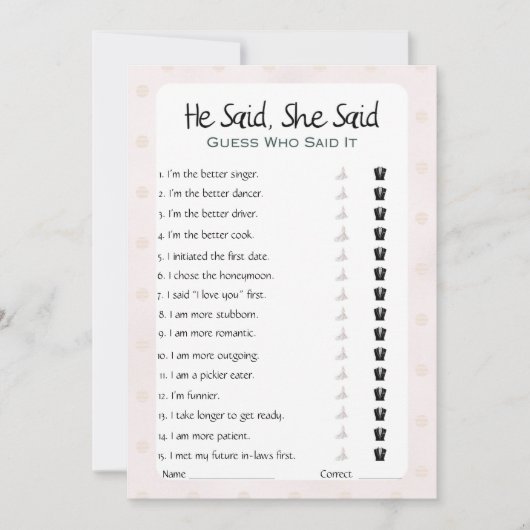 Hij zei dat ze zei dat Vrijgezellenfeest Game Kaart (Voorkant)