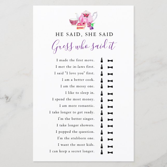 Hij zei dat ze zei dat Vrijgezellenfeest Game Tea  (Voorkant)