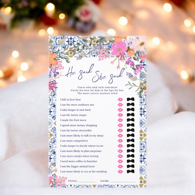 Hij zei dat ze zei dat ze blauw Italiaans vrijgeze (He said she said blue italian bridal shower game)