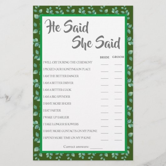 Hij zei dat ze zei | Eucalyptus Shower Game Card Flyer (Voorkant)