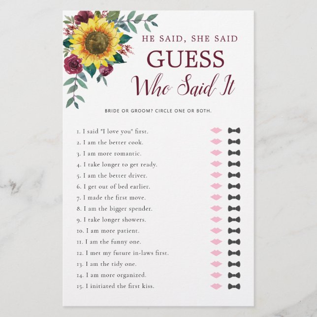 Hij zei dat ze Zonnebloem Burgundy Vrijgezellenfee (Voorkant)