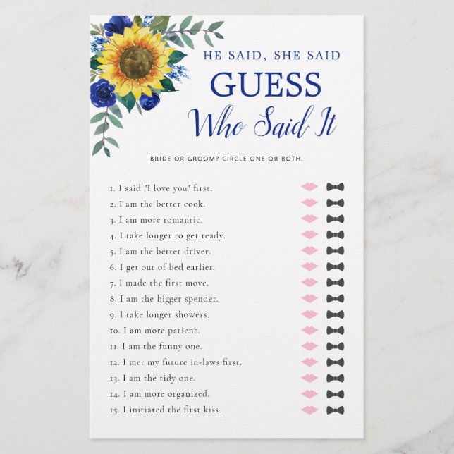 Hij zei dat ze Zonnebloemblauw Vrijgezellenfeest G (Voorkant)