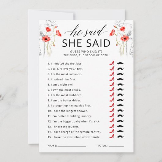 Hij zei dat zij zei bloem bruids douche spelkaart kaart (Voorkant)