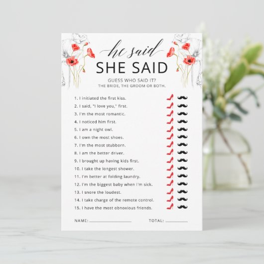 Hij zei dat zij zei bloem bruids douche spelkaart kaart (Staand voorkant)
