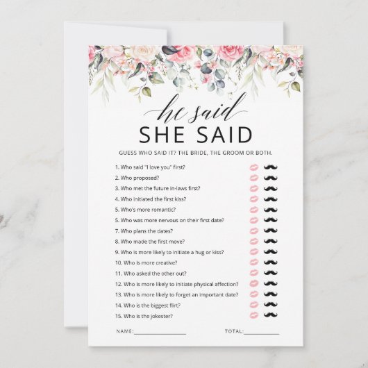 Hij zei dat zij zei bruidsshowerspelkaart kaart (Voorkant)