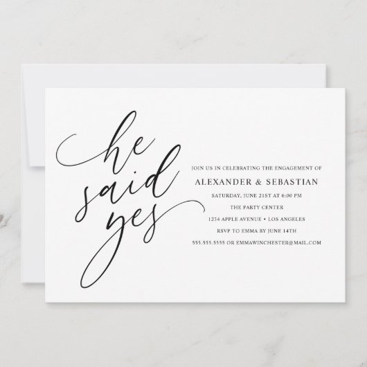 Hij zei ja Modern Black Script Engagement Party Kaart (Voorkant)