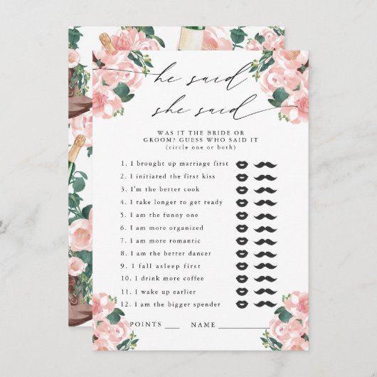 Hij zei, ze zei Boots & Bubbly Party spel Informatiekaartje (Voorkant / Achterkant)