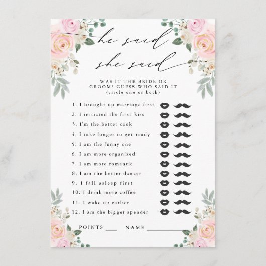 Hij zei, ze zei Champagne Bloemen Party Game Informatiekaartje (Voorkant)