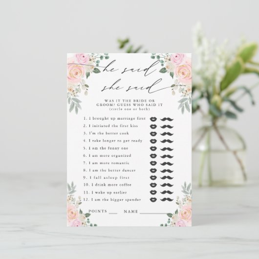 Hij zei, ze zei Champagne Bloemen Party Game Informatiekaartje (Staand voorkant)