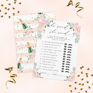 Hij zei, ze zei Champagne Bloemen Party Game Informatiekaartje