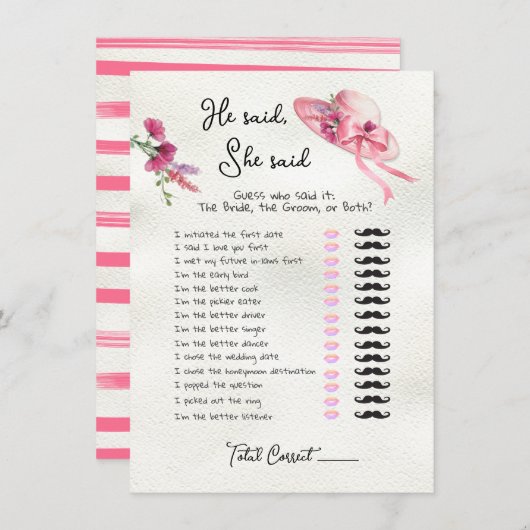 Hij zei, Ze zei Derby Roze Pet Bruids spel In Kaart (Voorkant / Achterkant)