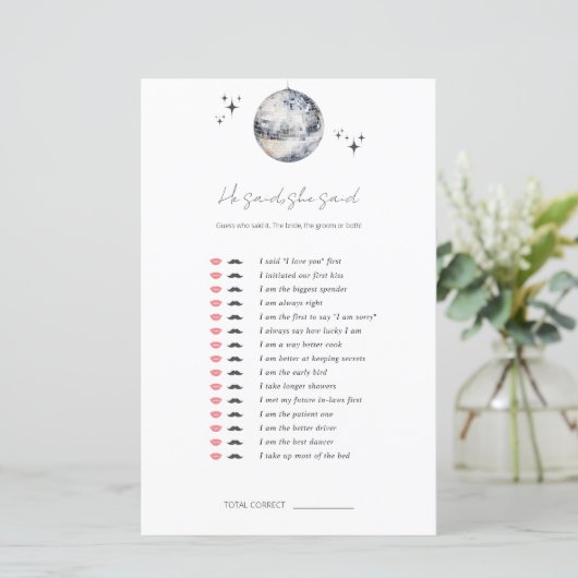 Hij zei, ze zei Disco Ball Vrijgezellenfeest Game (Staand voorkant)