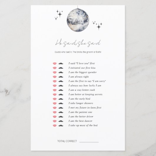 Hij zei, ze zei Disco Ball Vrijgezellenfeest Game (Voorkant)