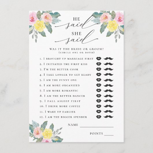 Hij zei, ze zei helder cocktail bruids spel informatiekaartje (Voorkant)