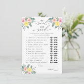 Hij zei, ze zei helder cocktail bruids spel informatiekaartje (Staand voorkant)