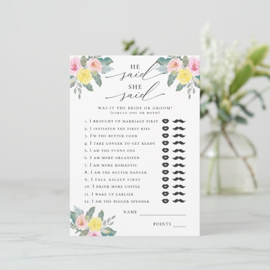 Hij zei, ze zei helder cocktail bruids spel informatiekaartje