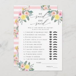 Hij zei, ze zei helder cocktail bruids spel informatiekaartje