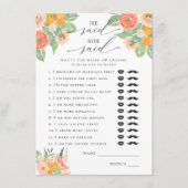 Hij zei, ze zei helder cocktail bruids spel informatiekaartje (Voorkant)