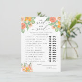 Hij zei, ze zei helder cocktail bruids spel informatiekaartje (Staand voorkant)