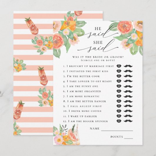 Hij zei, ze zei helder cocktail bruids spel informatiekaartje (Voorkant / Achterkant)