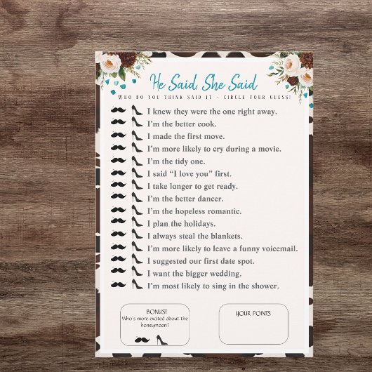Hij zei, ze zei Vrijgezellenfeest boho spel Kaart